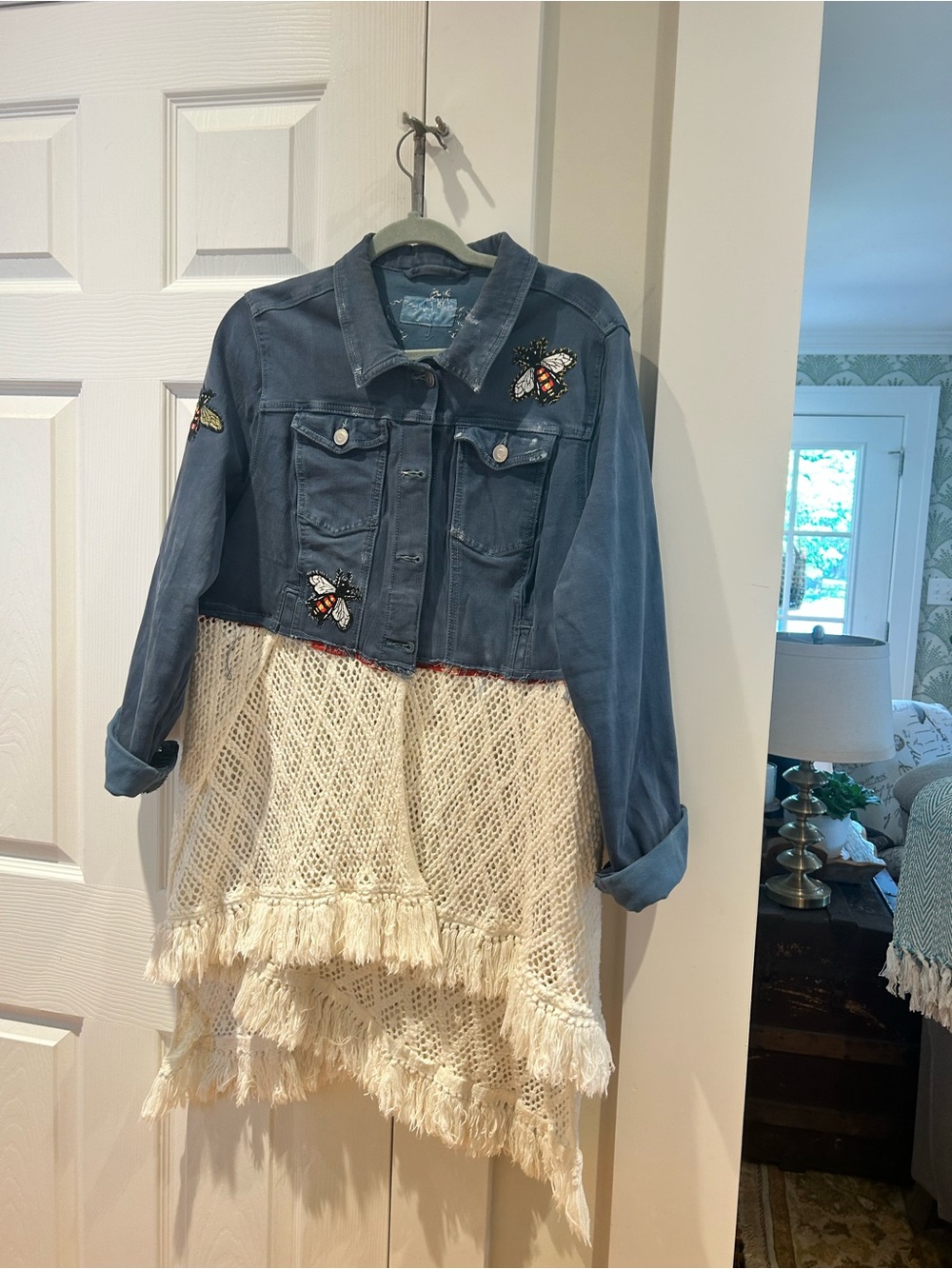 Embroidered Blue Denim Jacket with Cream Crochet Hem